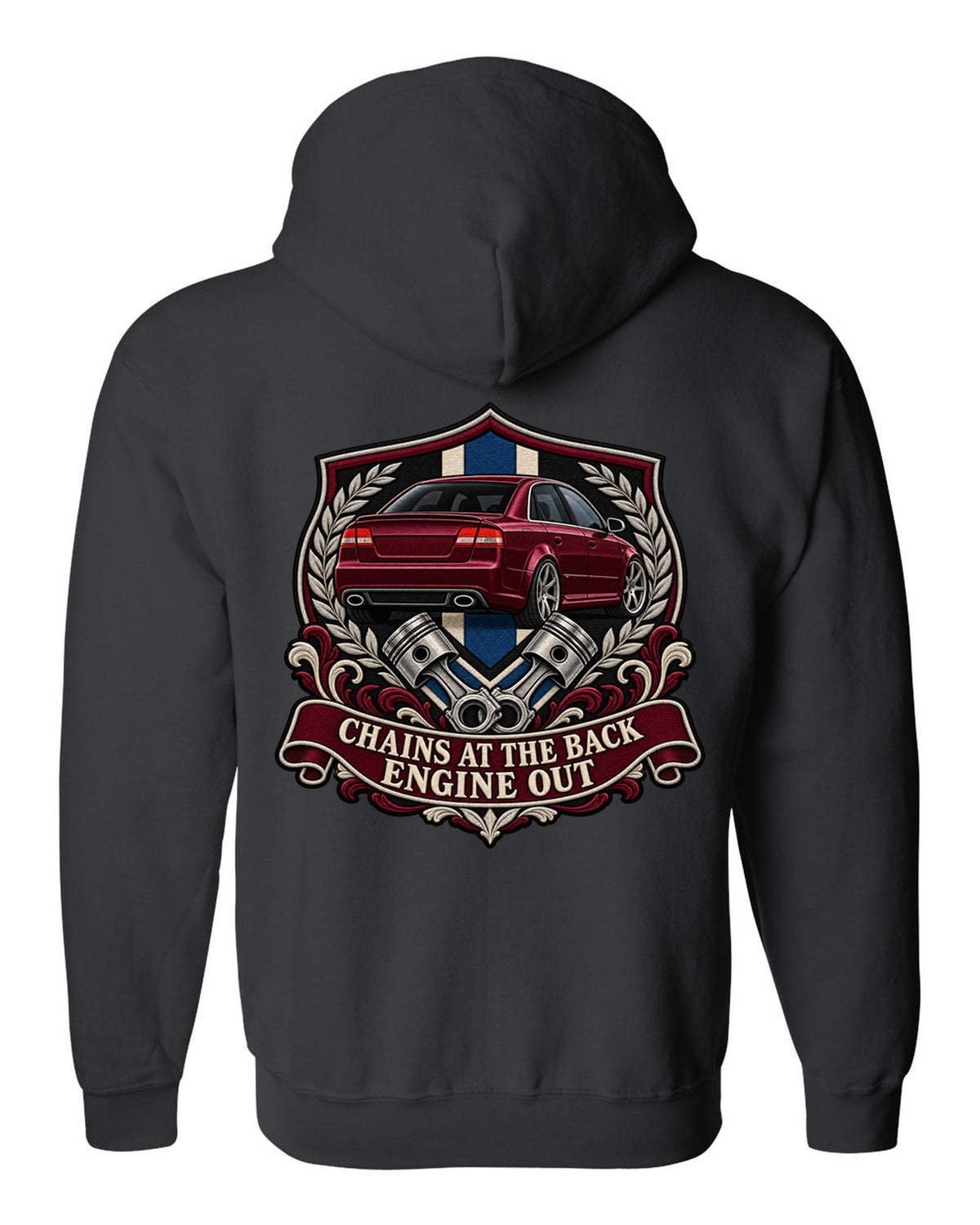 Varsity seal print of an Audi S4 B7 sedan with Engine Out text black zip hoodie back view with the design