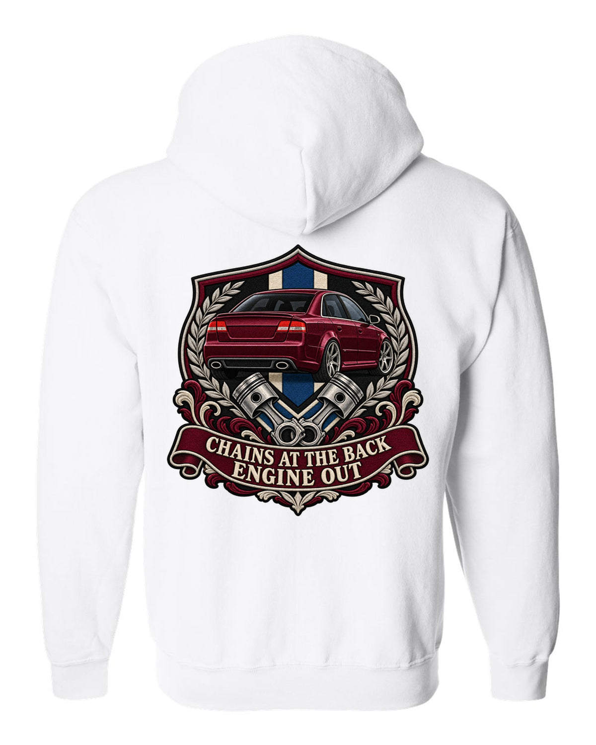 Varsity seal print of an Audi S4 B7 sedan with Engine Out text white zip hoodie back view with the design