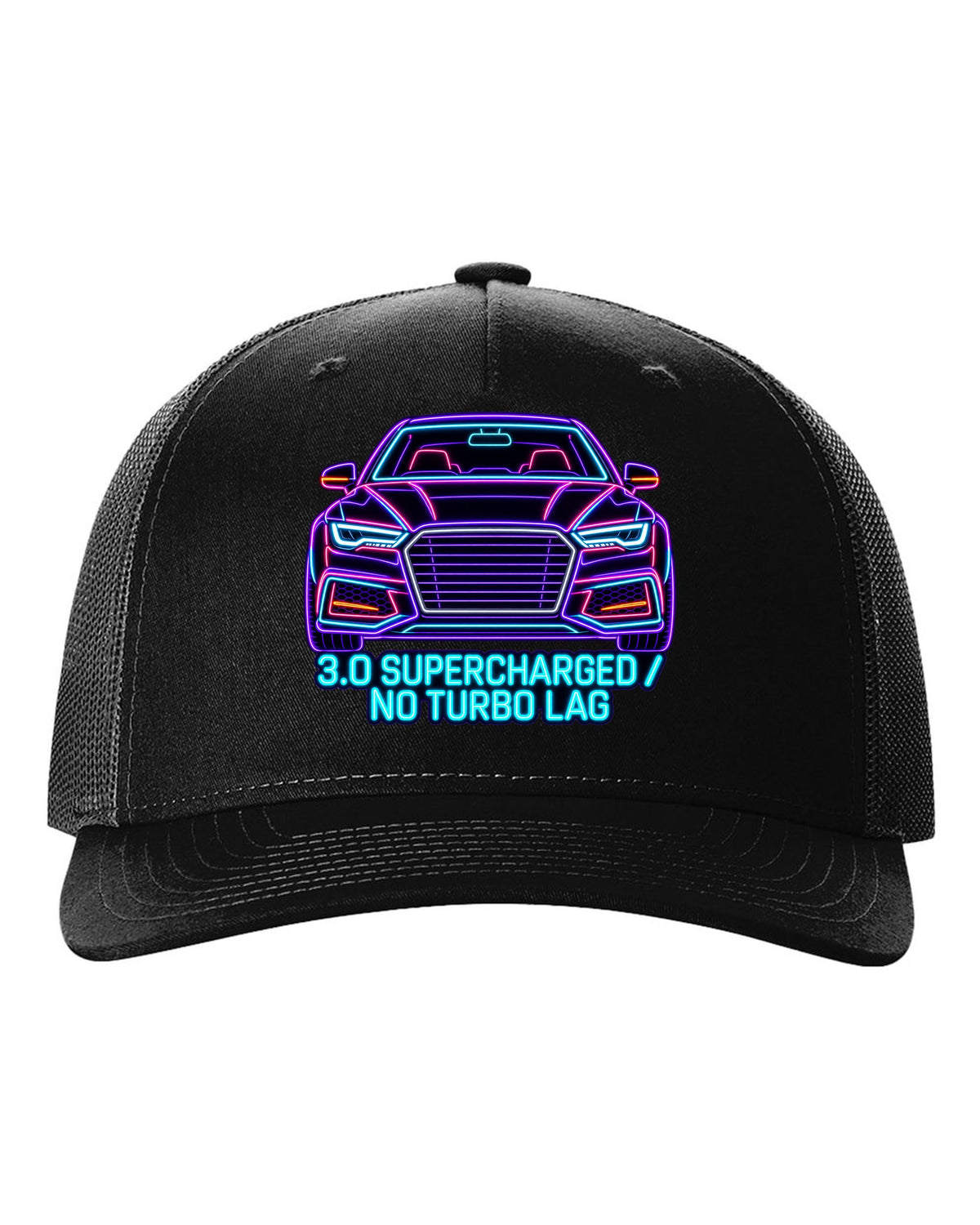 Neon sign line art print of an Audi S4 B8 with 3.0 Supercharged text black hat front view with the design