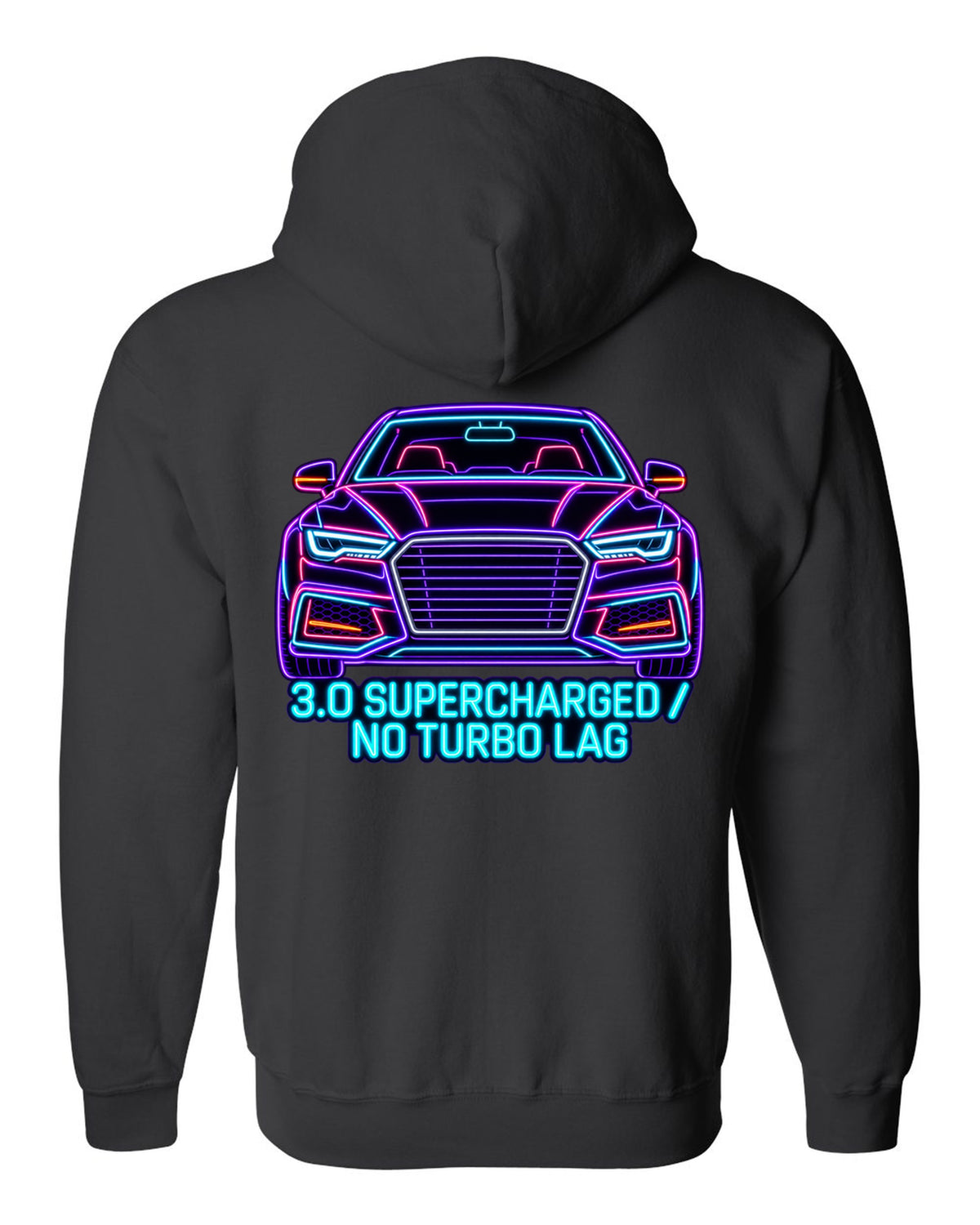 Neon sign line art print of an Audi S4 B8 with 3.0 Supercharged text black zip hoodie back view with the design