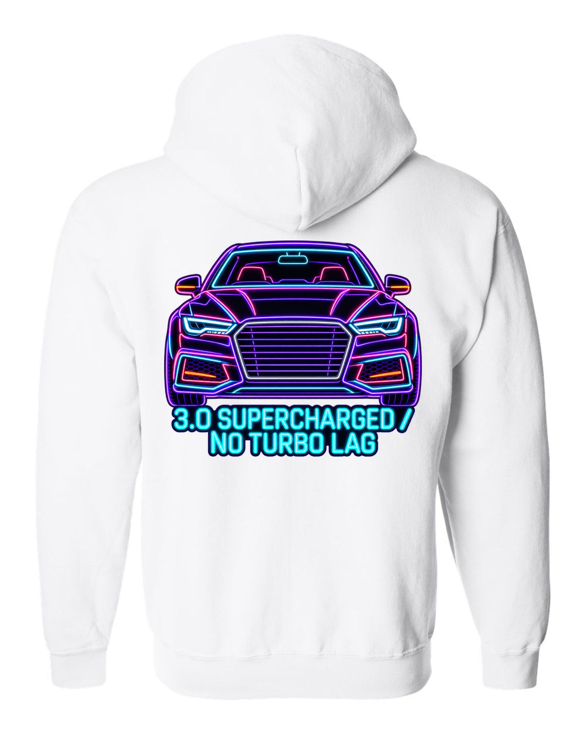 Neon sign line art print of an Audi S4 B8 with 3.0 Supercharged text white zip hoodie back view with the design