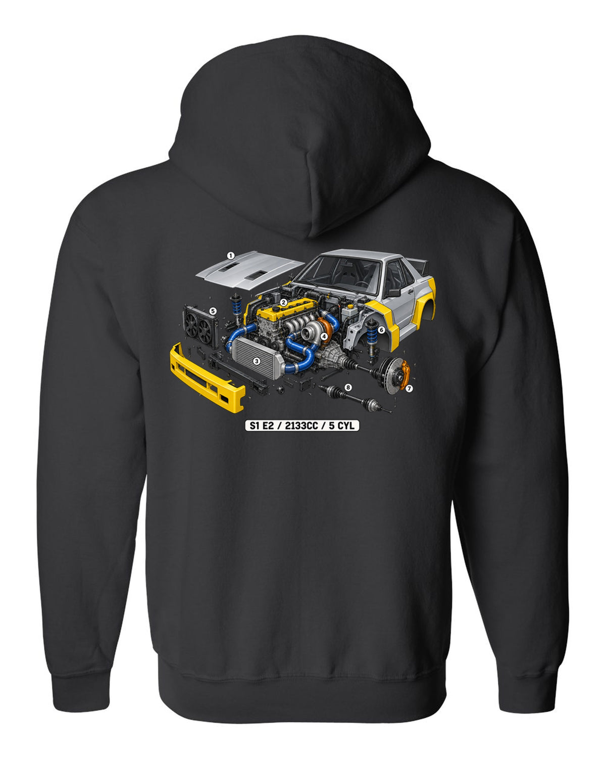 Isometric cutaway of the Audi S1 E2 five-cylinder engine, 2133cc black zip hoodie back view with the design