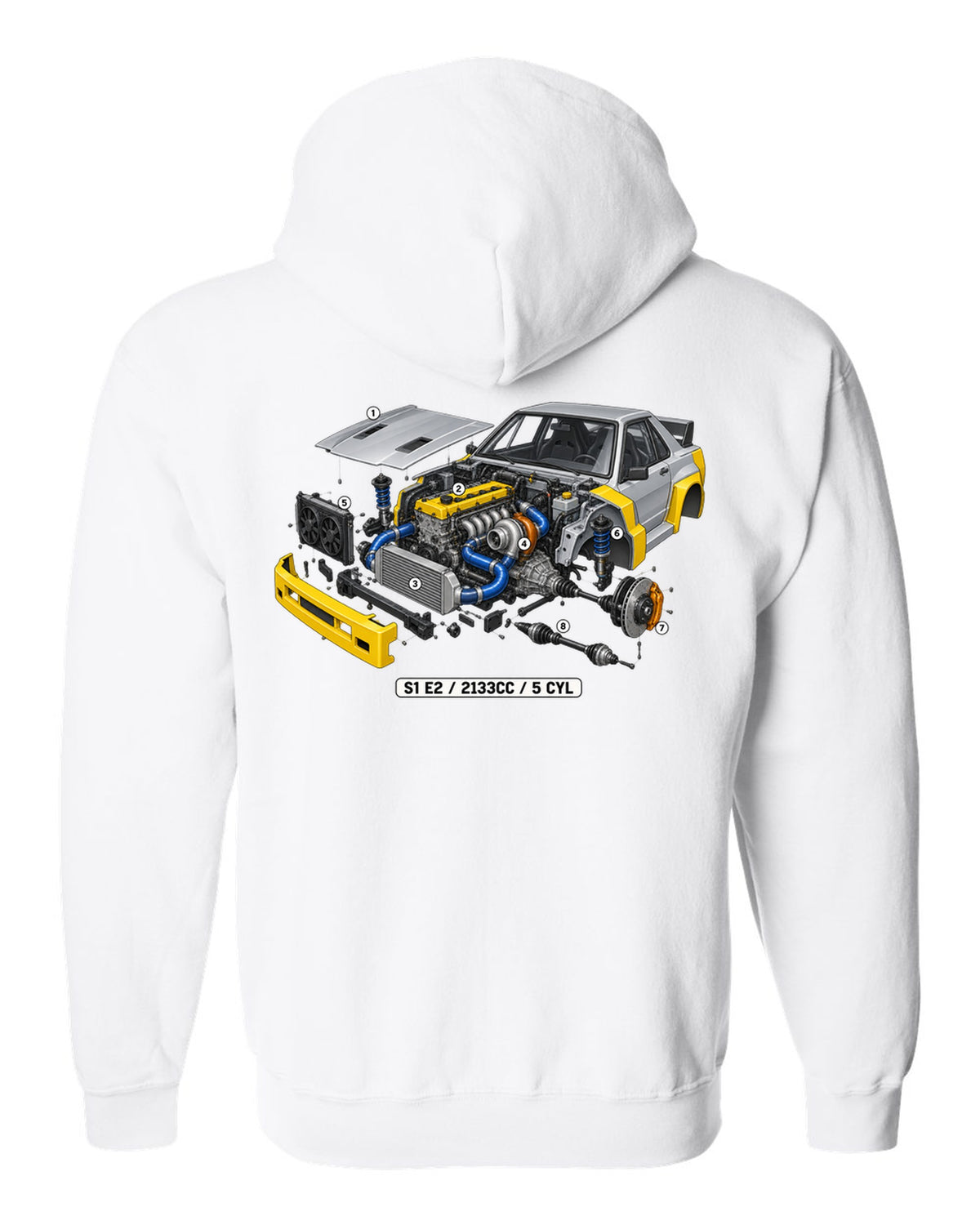 Isometric cutaway of the Audi S1 E2 five-cylinder engine, 2133cc white zip hoodie back view with the design
