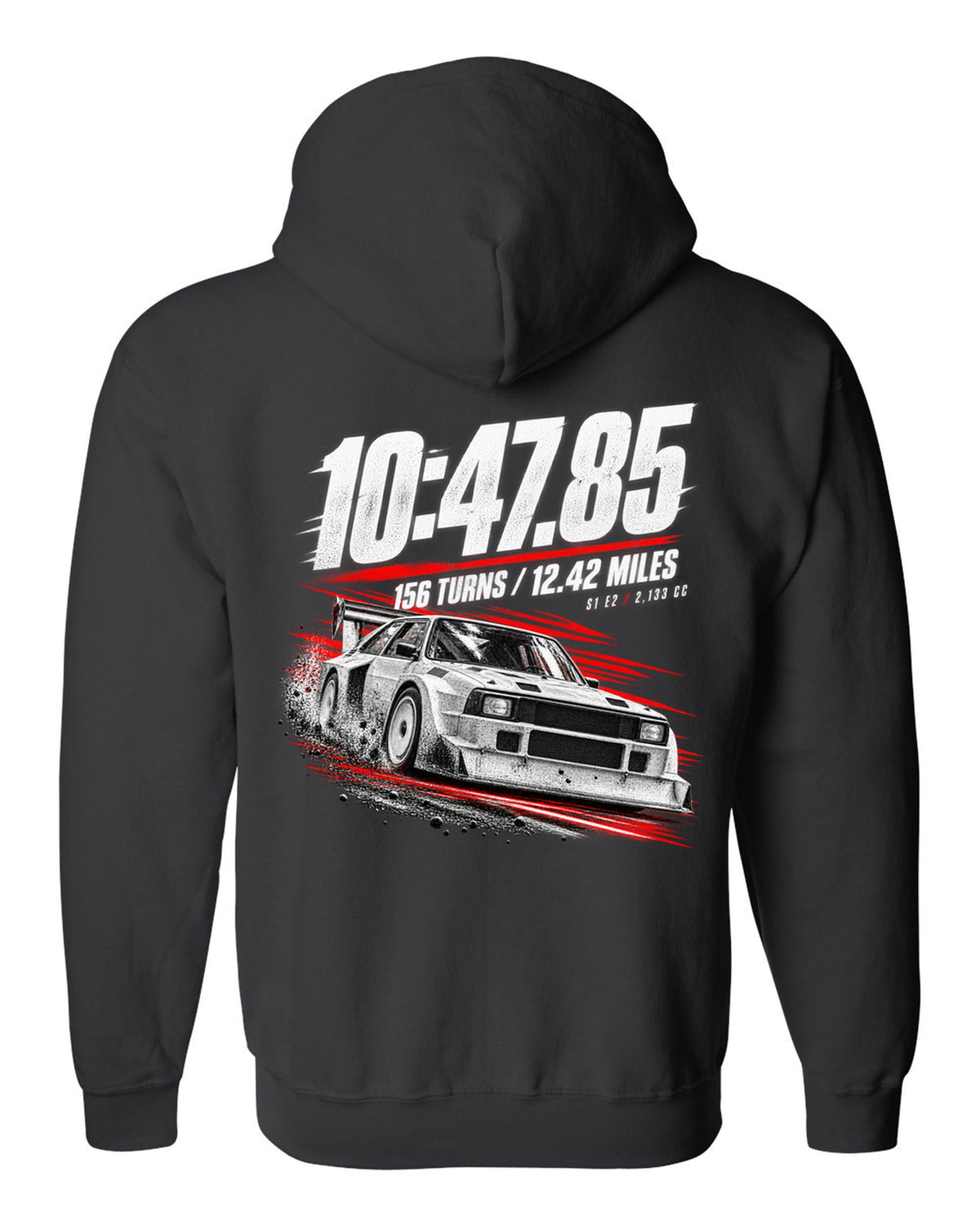 Race poster print of an Audi Sport Quattro S1 E2 with hill climb numbers black zip hoodie back view with the design
