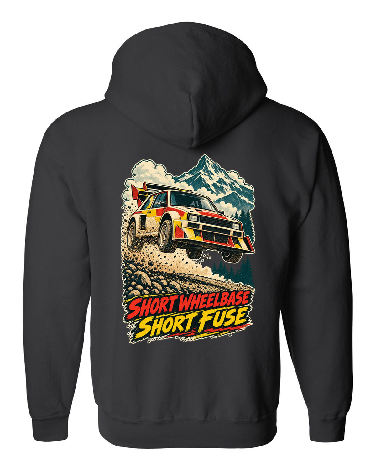 Vintage race-poster lithograph print of a 1985 Audi Sport Quattro S1 E2 with Short Fuse lettering black zip hoodie back view with the design