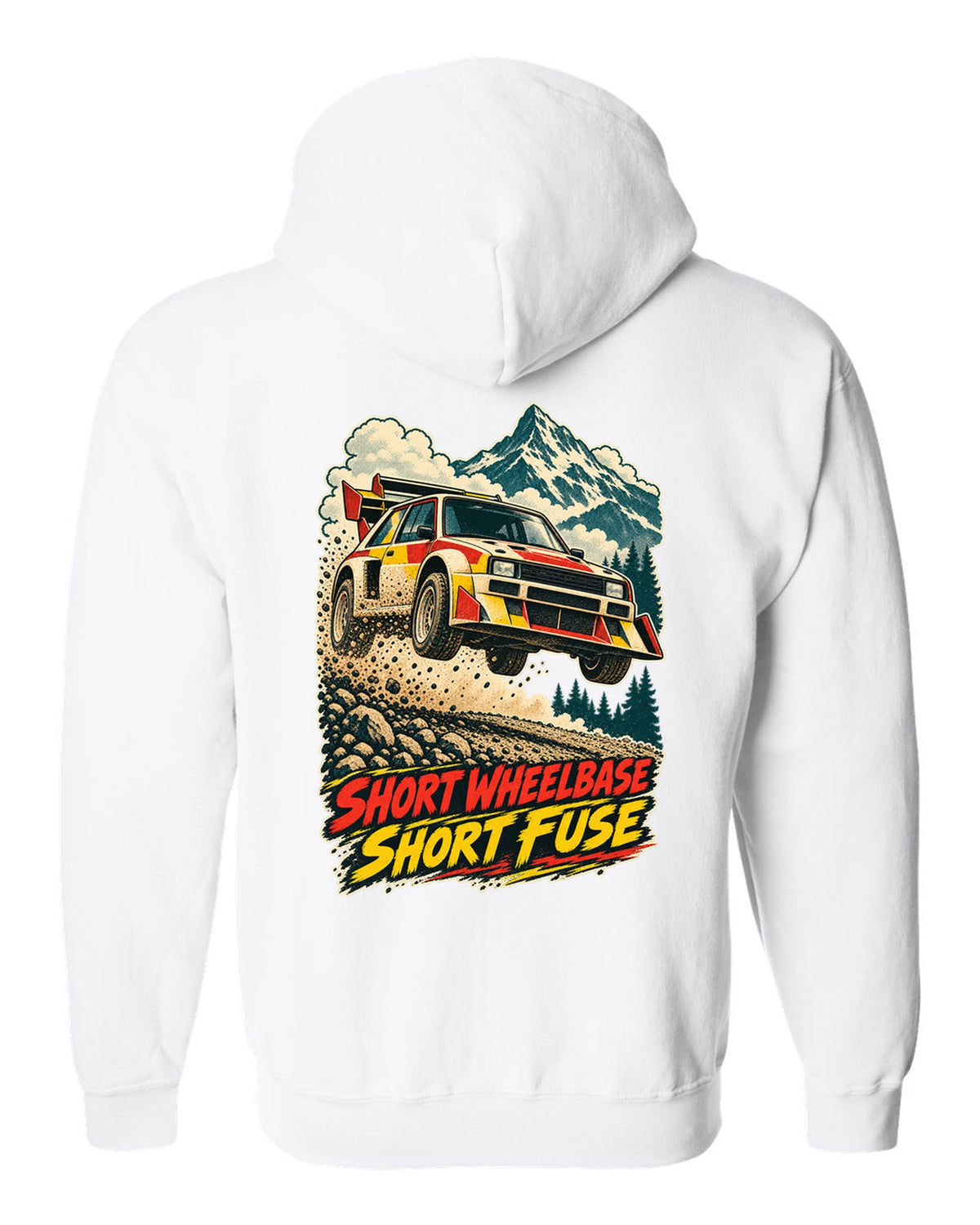 Vintage race-poster lithograph print of a 1985 Audi Sport Quattro S1 E2 with Short Fuse lettering white zip hoodie back view with the design