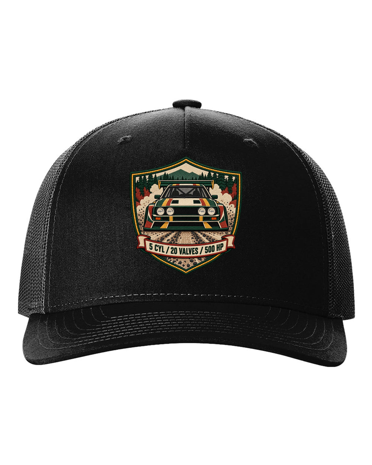 Varsity crest style print of the Audi Sport Quattro S1 E2 with 5 cyl, 20 valves, 500 hp black hat front view with the design