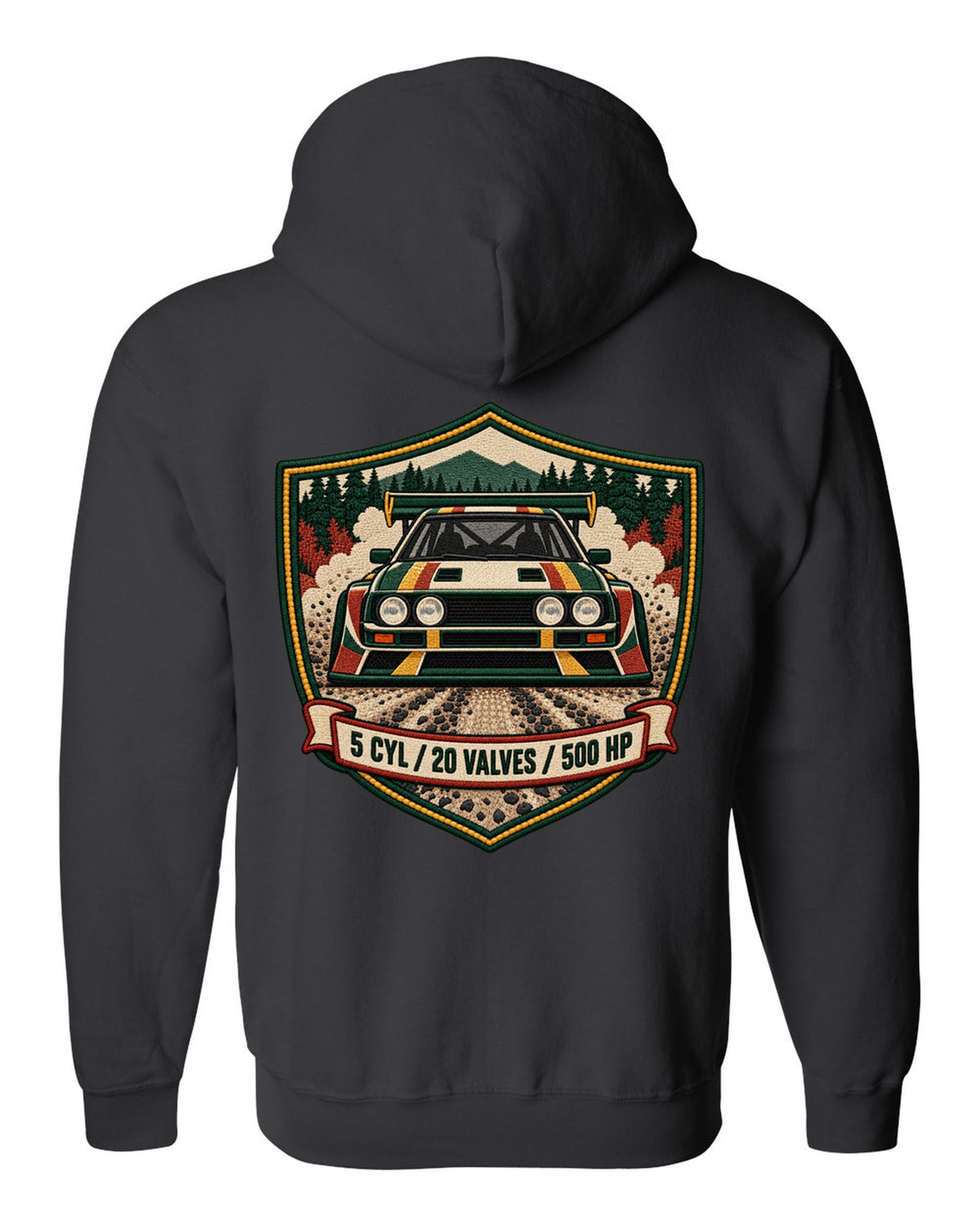 Varsity crest style print of the Audi Sport Quattro S1 E2 with 5 cyl, 20 valves, 500 hp black zip hoodie back view with the design