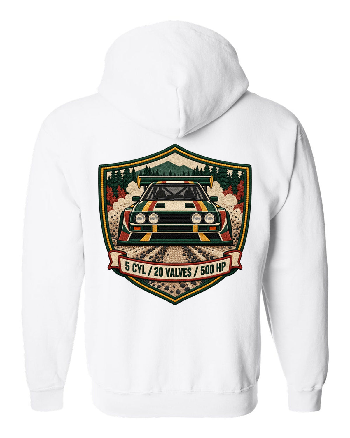 Varsity crest style print of the Audi Sport Quattro S1 E2 with 5 cyl, 20 valves, 500 hp white zip hoodie back view with the design