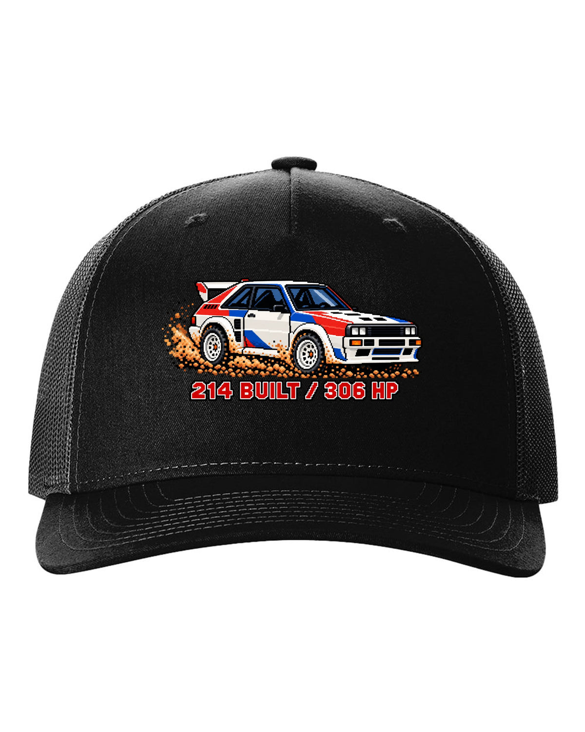 16-bit pixel art print of an Audi Sport Quattro SWB with 214 Built text black hat front view with the design