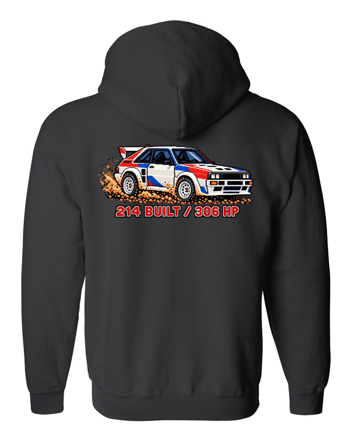 16-bit pixel art print of an Audi Sport Quattro SWB with 214 Built text black zip hoodie back view with the design