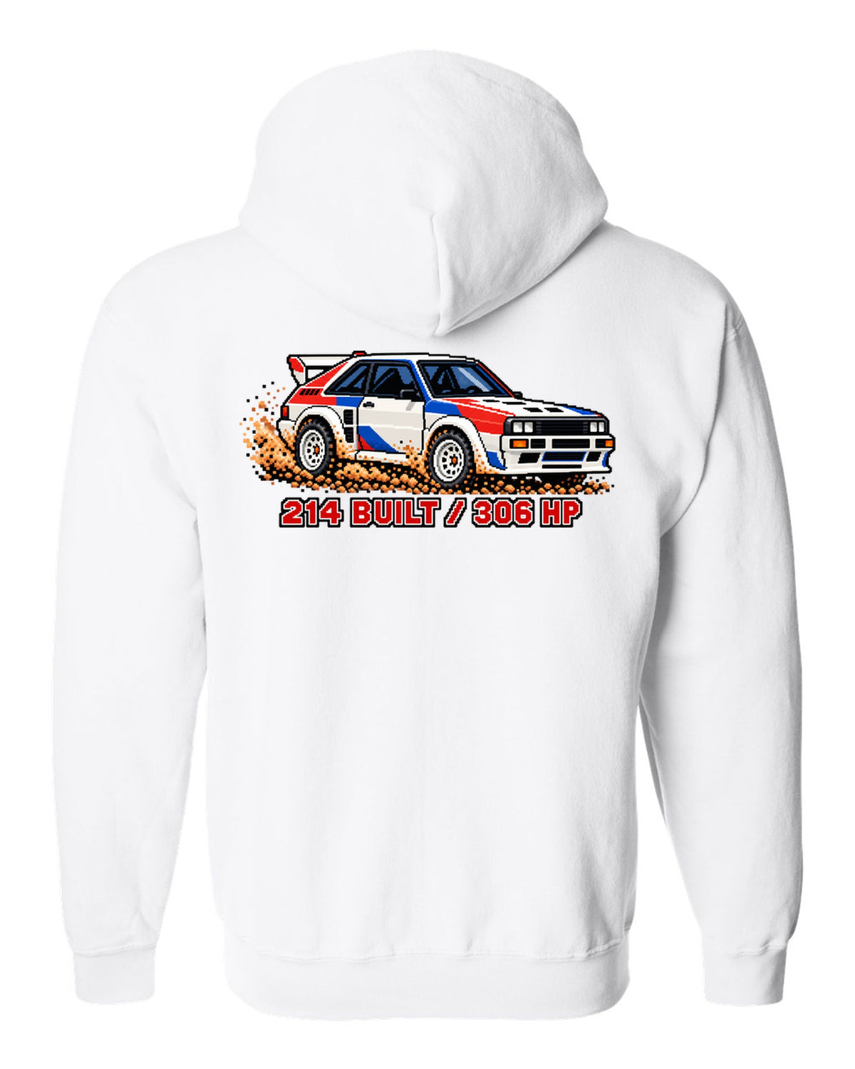 16-bit pixel art print of an Audi Sport Quattro SWB with 214 Built text white zip hoodie back view with the design