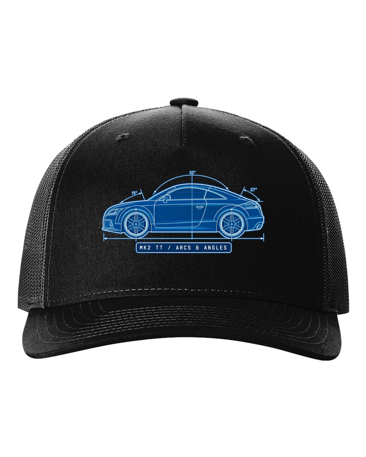 Cyanotype negative blueprint print of an Audi TT 8J coupe with Mk2 TT text black hat front view with the design