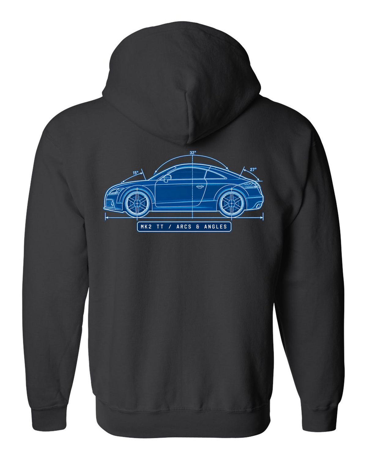 Cyanotype negative blueprint print of an Audi TT 8J coupe with Mk2 TT text black zip hoodie back view with the design