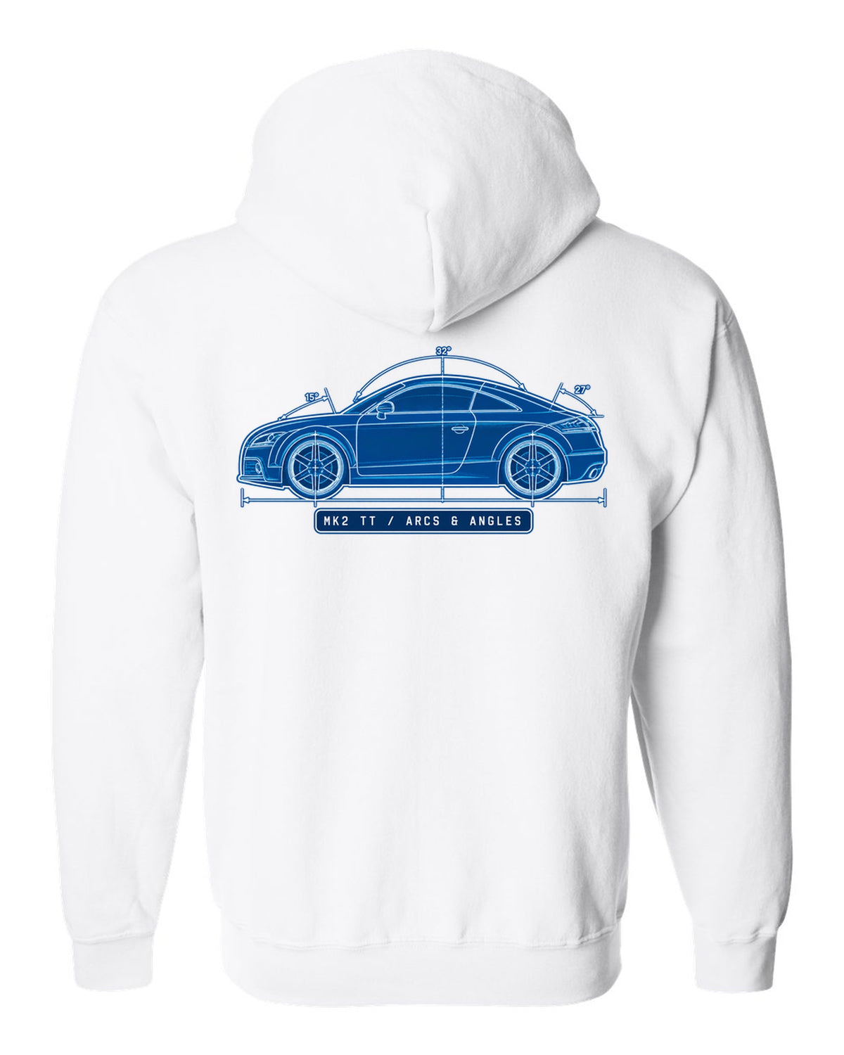 Cyanotype negative blueprint print of an Audi TT 8J coupe with Mk2 TT text white zip hoodie back view with the design