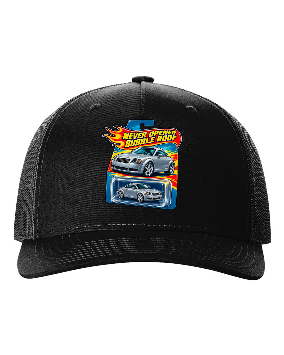 Toy blister card style print of an Audi TT 8N with Never Opened text black hat front view with the design