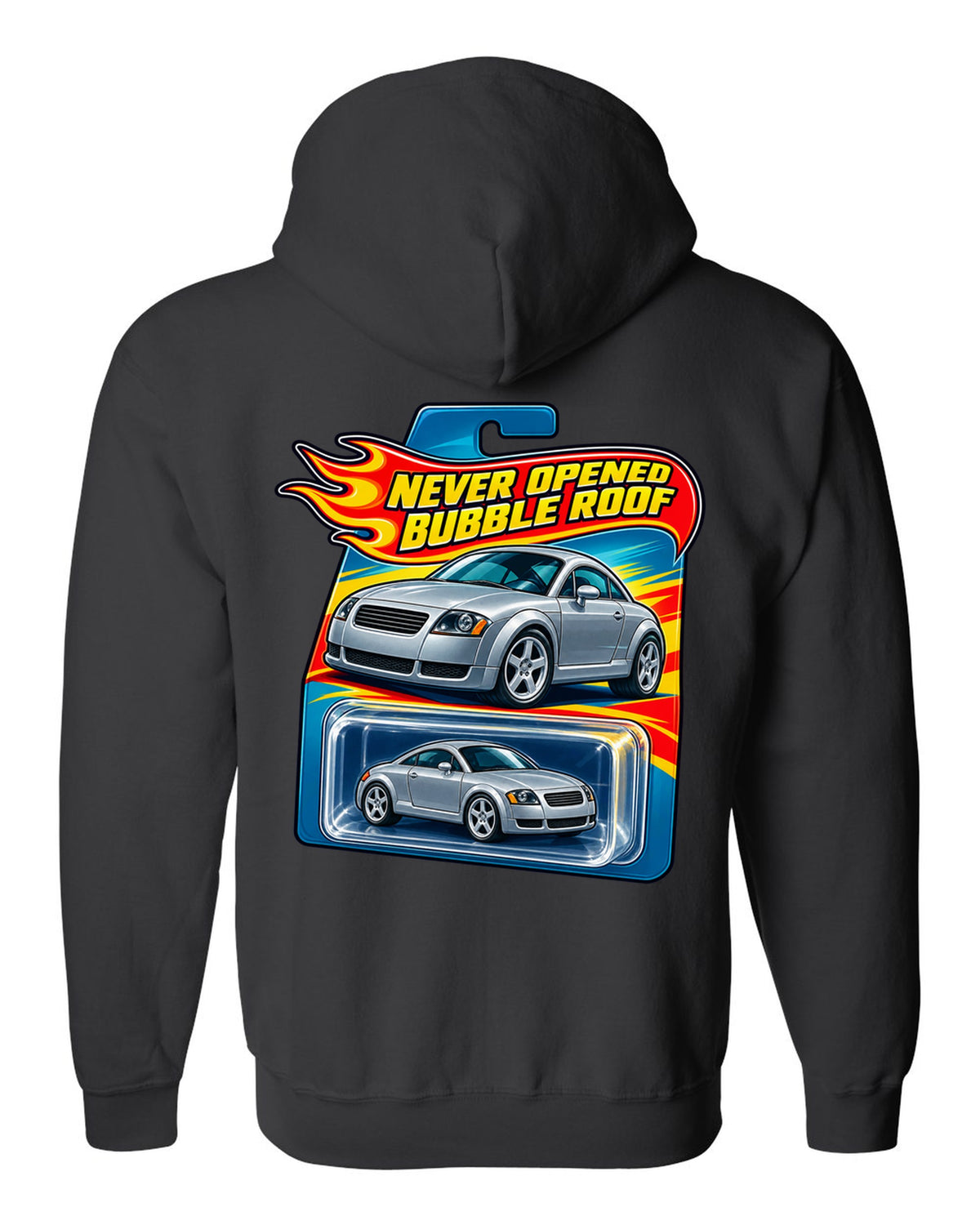 Toy blister card style print of an Audi TT 8N with Never Opened text black zip hoodie back view with the design