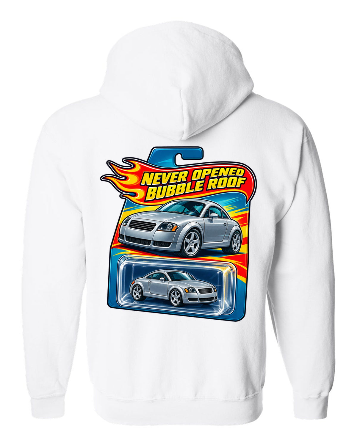 Toy blister card style print of an Audi TT 8N with Never Opened text white zip hoodie back view with the design