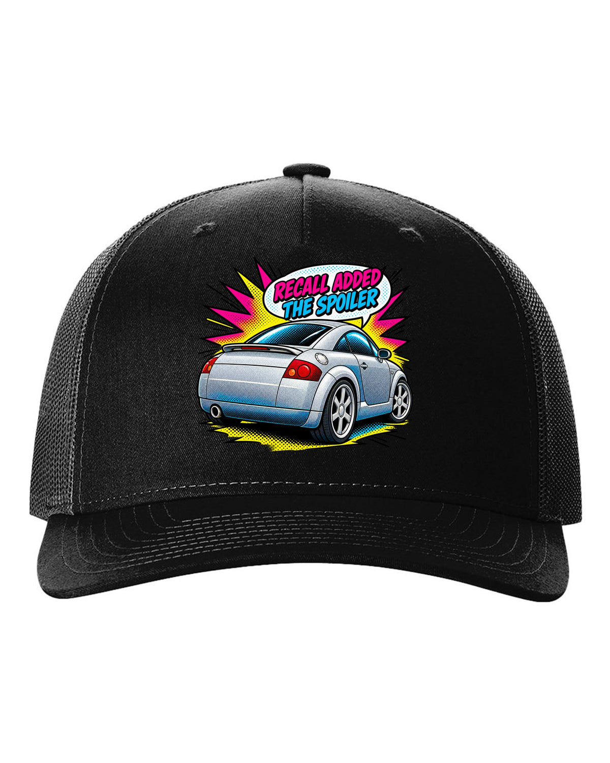 Comic halftone pop art print of an Audi TT Coupe 8N with spoiler recall caption black hat front view with the design