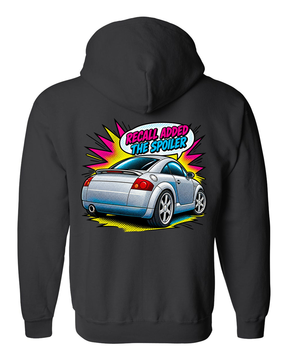 Comic halftone pop art print of an Audi TT Coupe 8N with spoiler recall caption black zip hoodie back view with the design