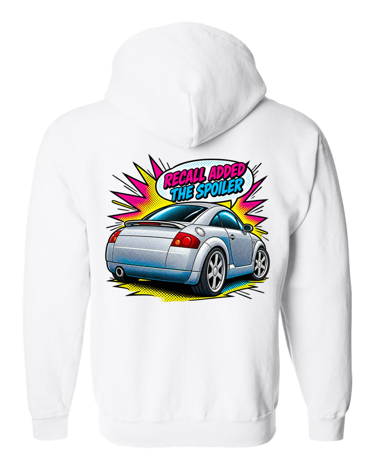 Comic halftone pop art print of an Audi TT Coupe 8N with spoiler recall caption white zip hoodie back view with the design