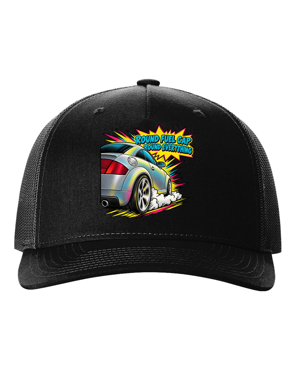 Comic halftone pop-art print of an Audi TT 8N with Round Fuel Cap text black hat front view with the design