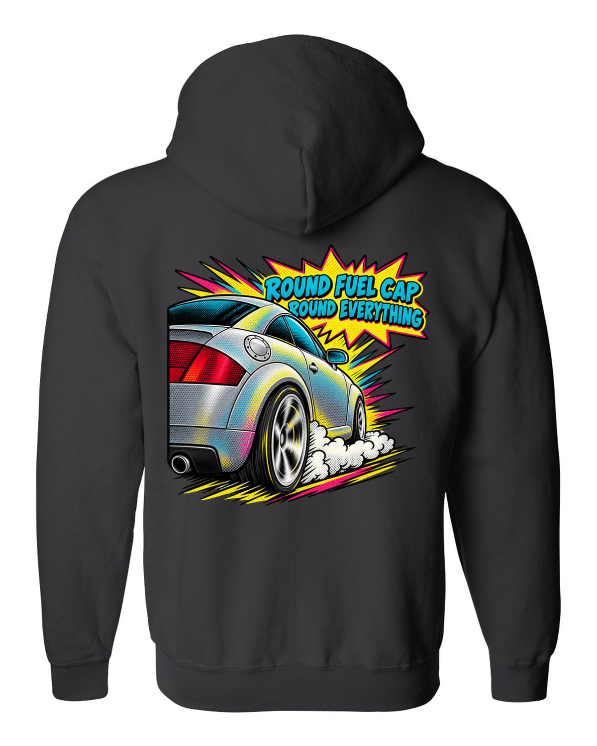 Comic halftone pop-art print of an Audi TT 8N with Round Fuel Cap text black zip hoodie back view with the design
