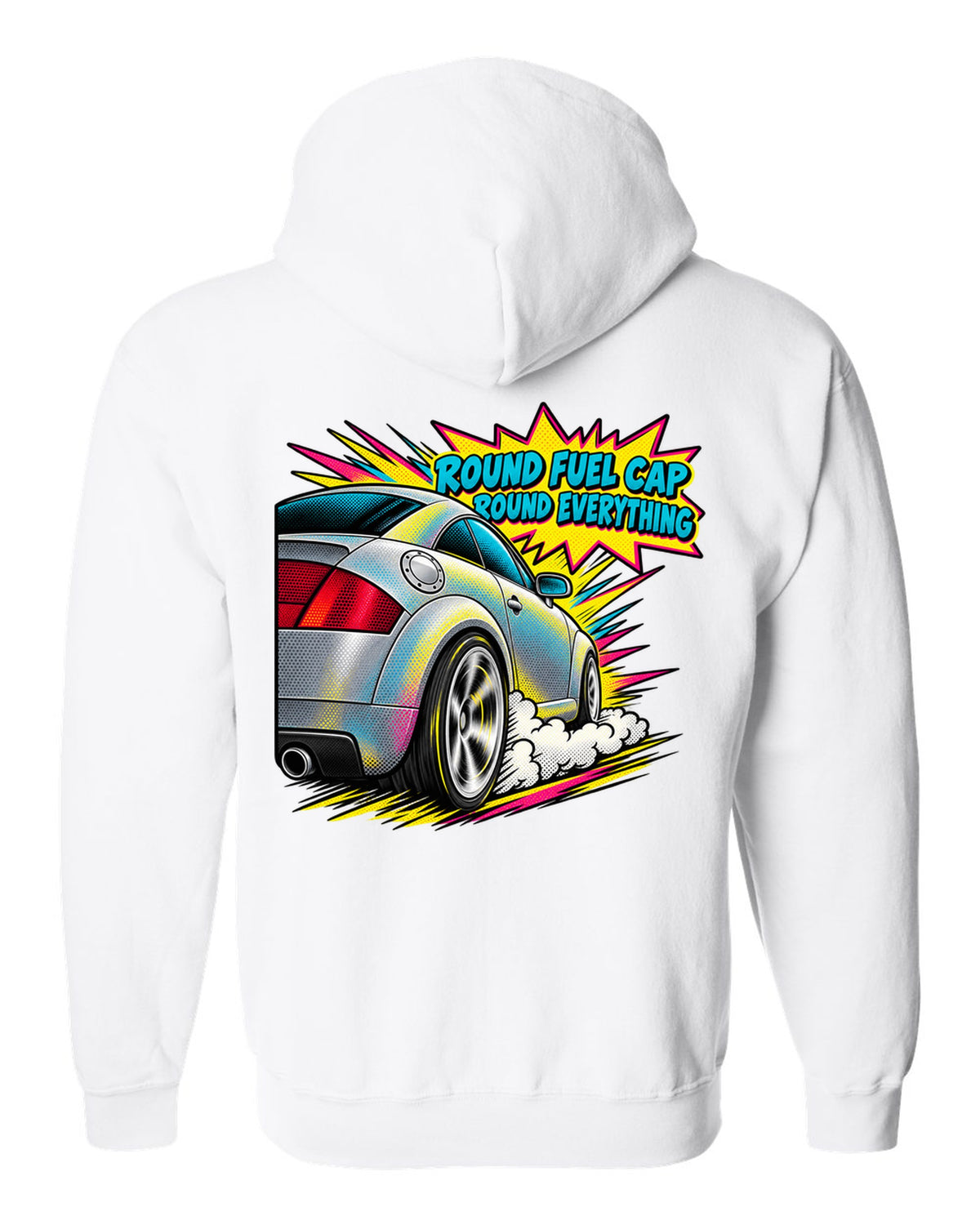 Comic halftone pop-art print of an Audi TT 8N with Round Fuel Cap text white zip hoodie back view with the design