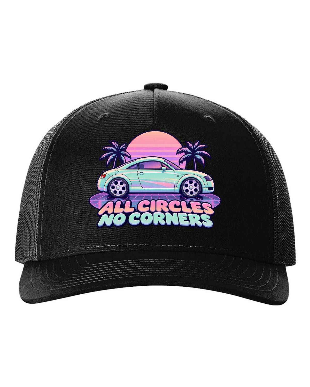 Pastel vaporwave print of an Audi TT Coupe 8N with all circles no corners text black hat front view with the design