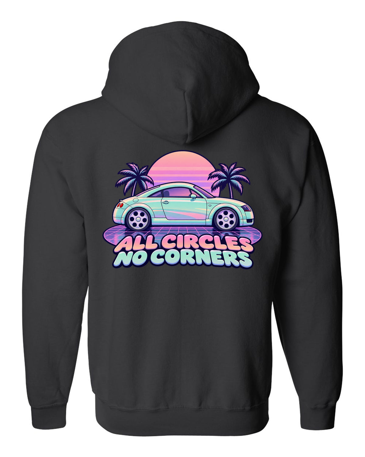 Pastel vaporwave print of an Audi TT Coupe 8N with all circles no corners text black zip hoodie back view with the design