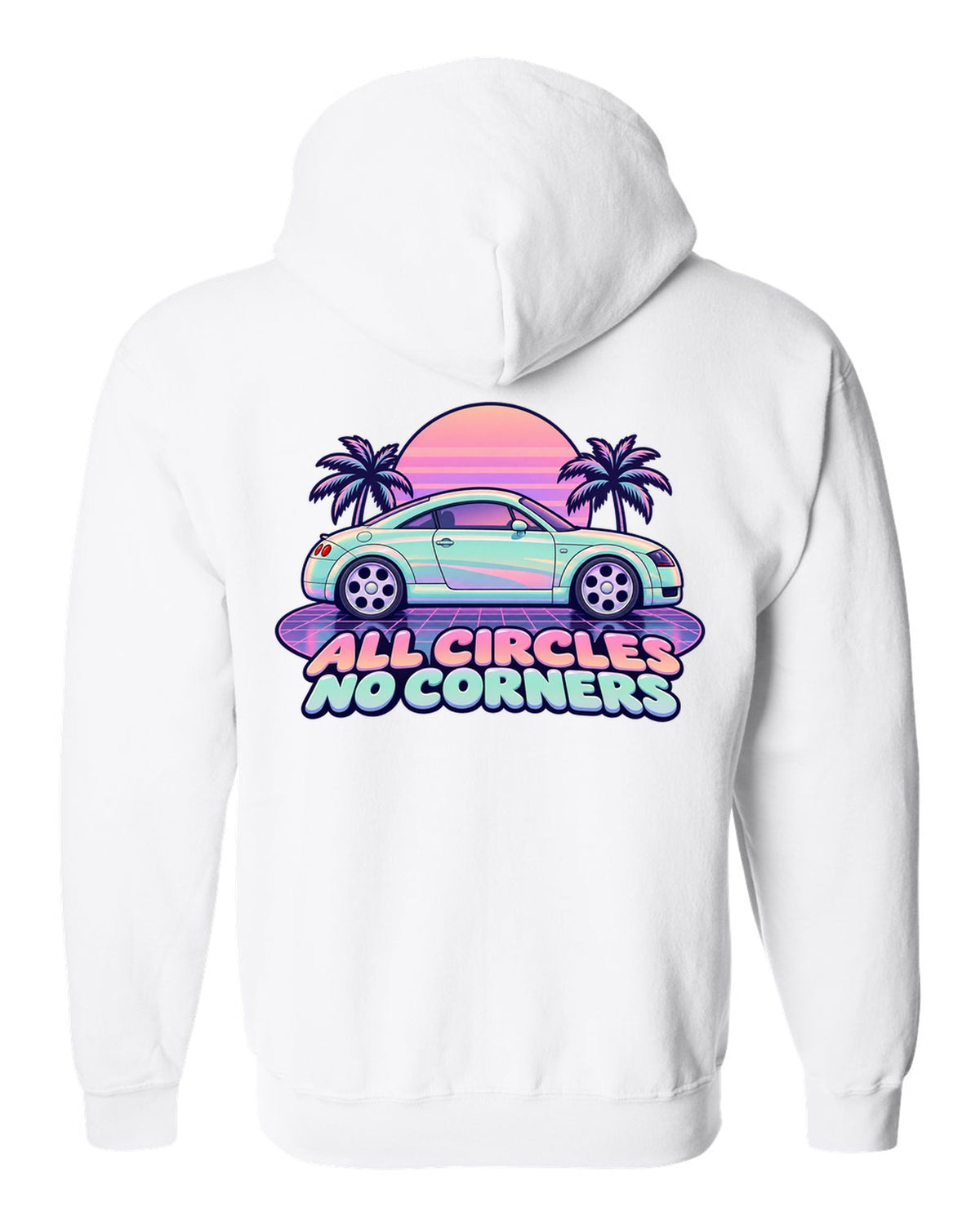 Pastel vaporwave print of an Audi TT Coupe 8N with all circles no corners text white zip hoodie back view with the design
