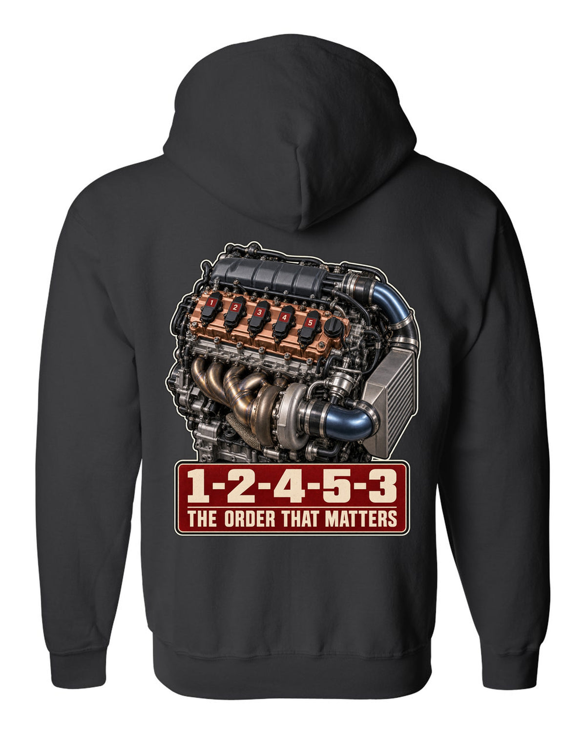 Audi TT RS 8S 2.5 TFSI five-cylinder engine poster with firing order black zip hoodie back view with the design