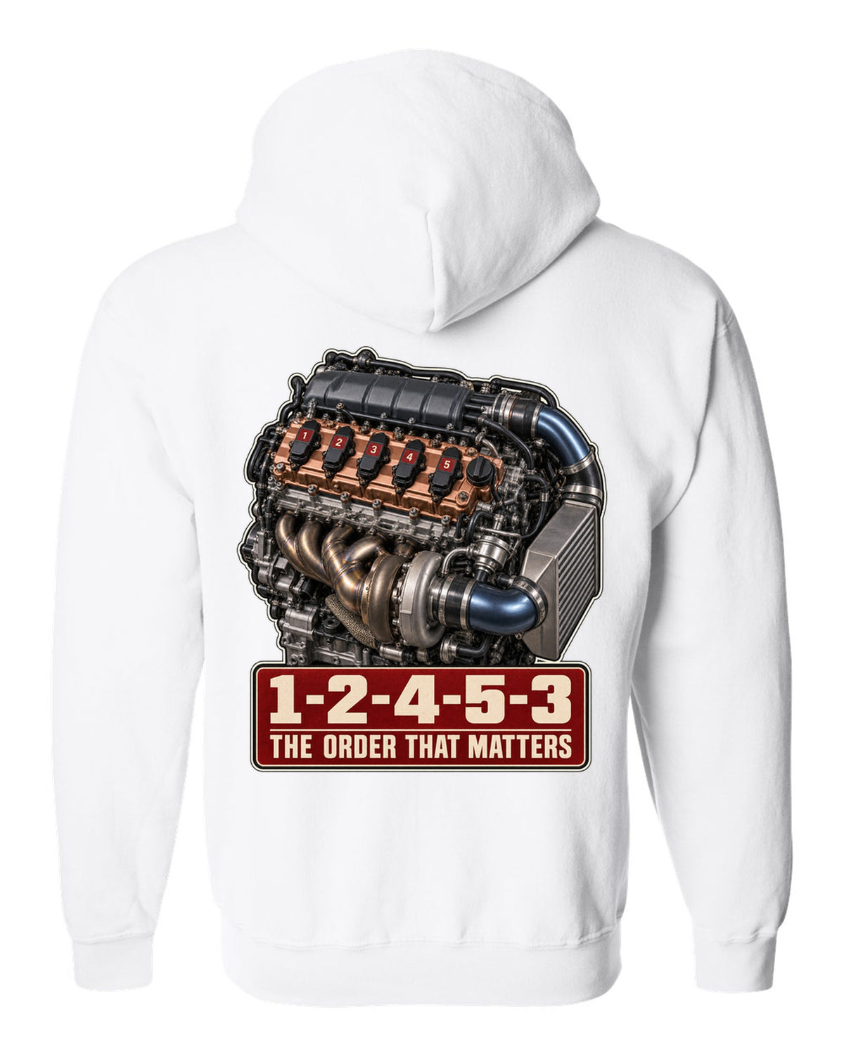 Audi TT RS 8S 2.5 TFSI five-cylinder engine poster with firing order white zip hoodie back view with the design