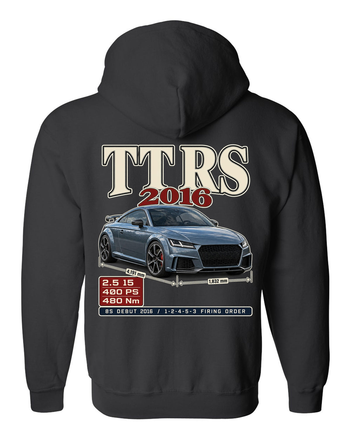Audi TT RS 8S 2016 archive panel print with firing order black zip hoodie back view with the design
