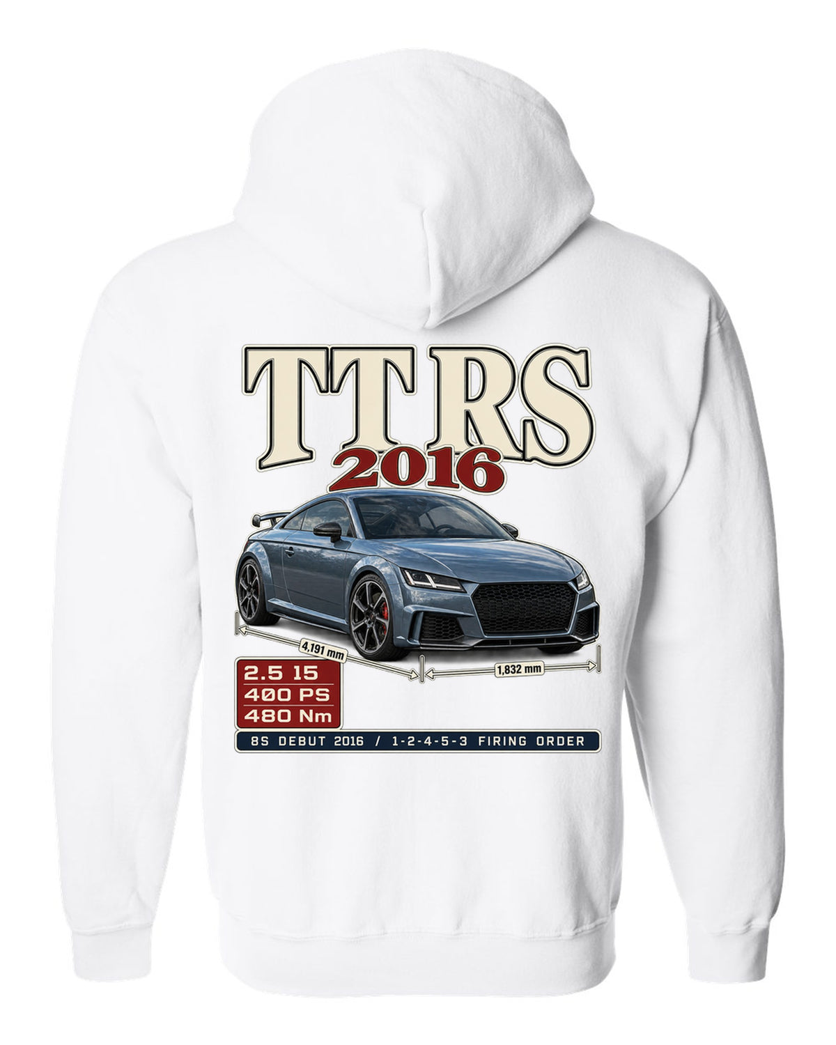 Audi TT RS 8S 2016 archive panel print with firing order white zip hoodie back view with the design