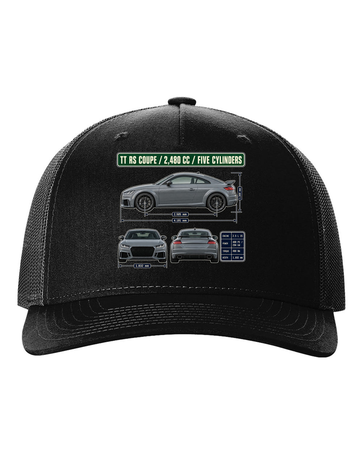 Audi TT RS 8S coupe dimension blueprint print with five-cylinder engine size black hat front view with the design