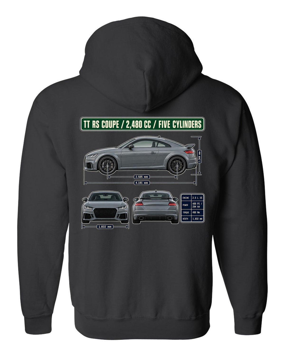 Audi TT RS 8S coupe dimension blueprint print with five-cylinder engine size black zip hoodie back view with the design
