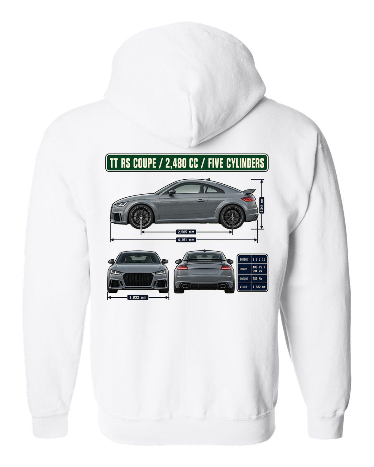Audi TT RS 8S coupe dimension blueprint print with five-cylinder engine size white zip hoodie back view with the design