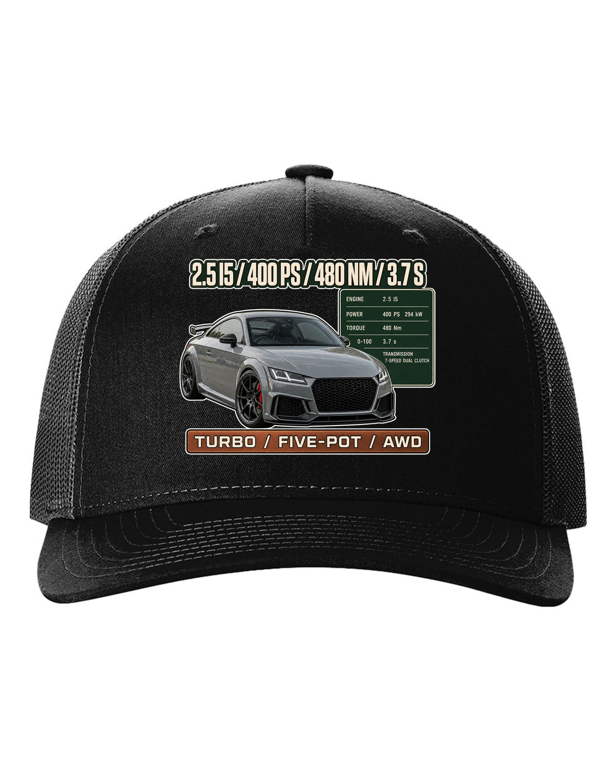 Audi TT RS 8S coupe spec poster print with 400 PS and 480 Nm black hat front view with the design