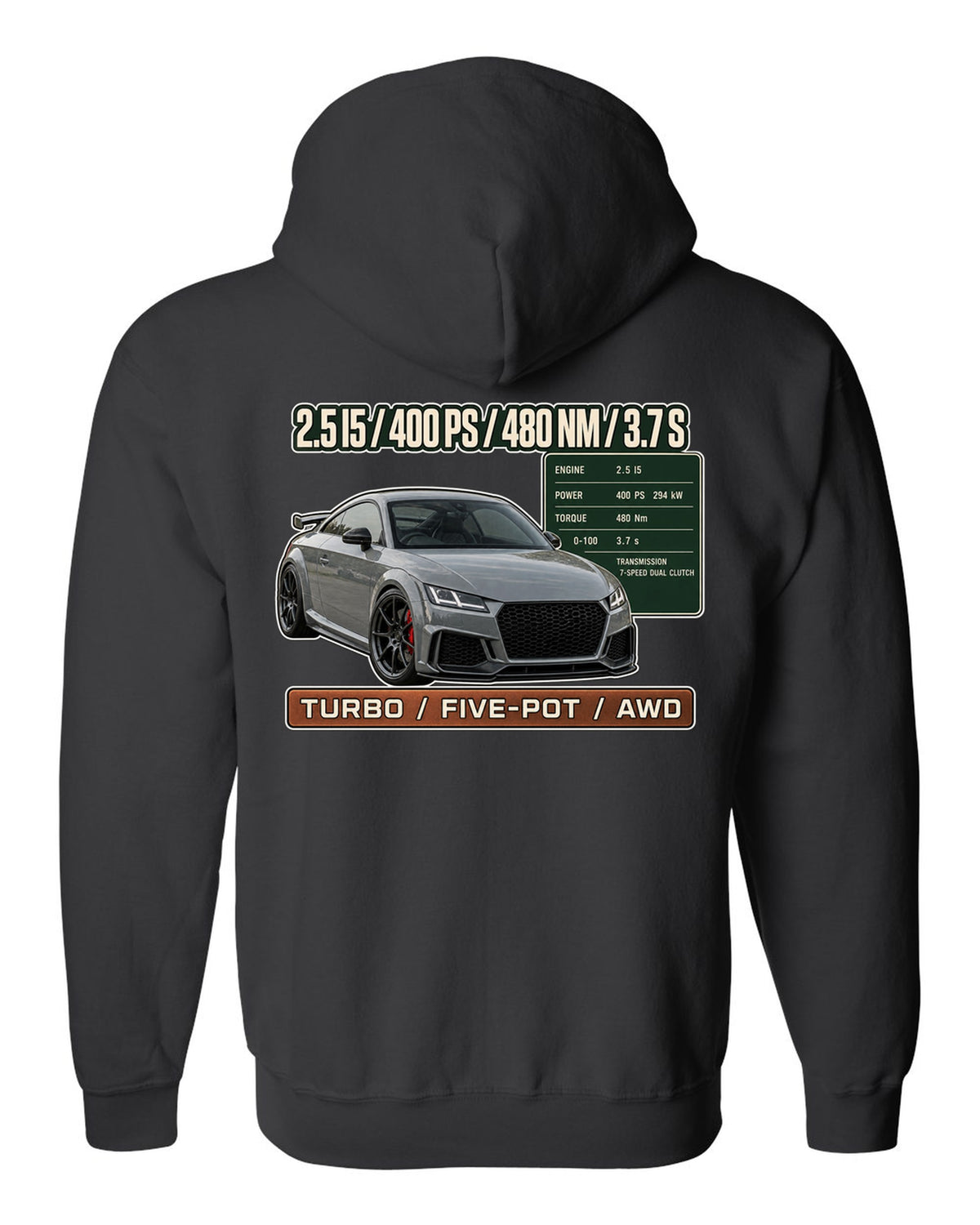 Audi TT RS 8S coupe spec poster print with 400 PS and 480 Nm black zip hoodie back view with the design