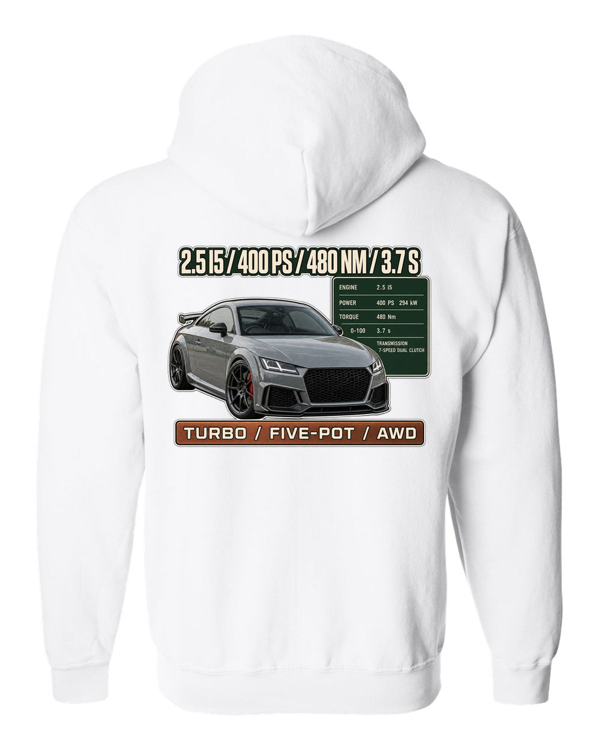 Audi TT RS 8S coupe spec poster print with 400 PS and 480 Nm white zip hoodie back view with the design