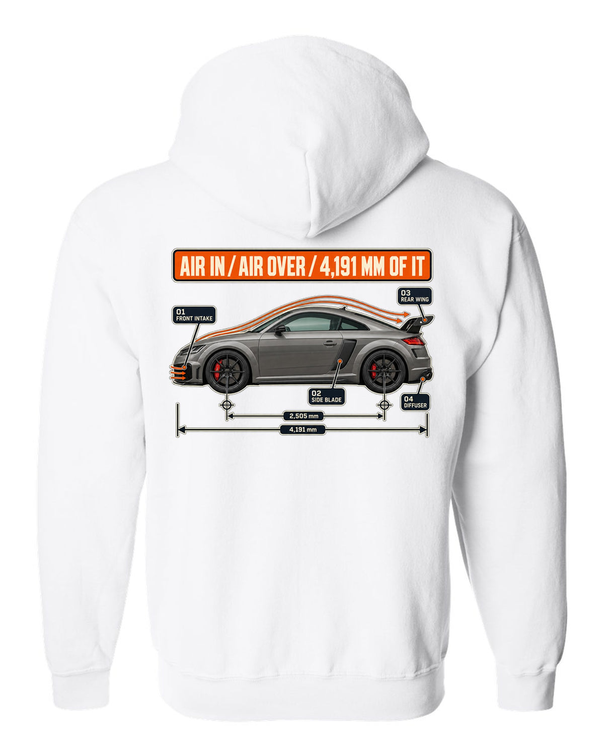 Audi TT RS facelift aero cutaway diagram with airflow callouts print white zip hoodie back view with the design