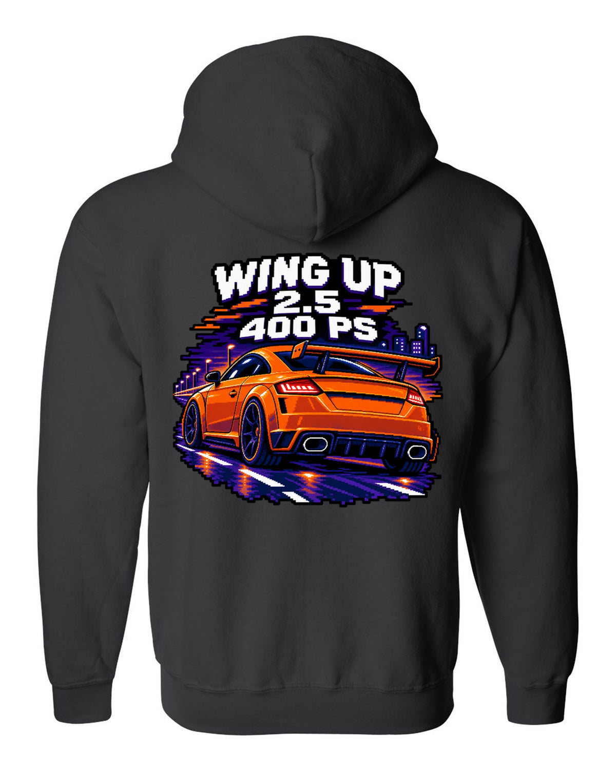 16-bit pixel art print of an Audi TT RS FV with rear wing up and 400 PS text black zip hoodie back view with the design