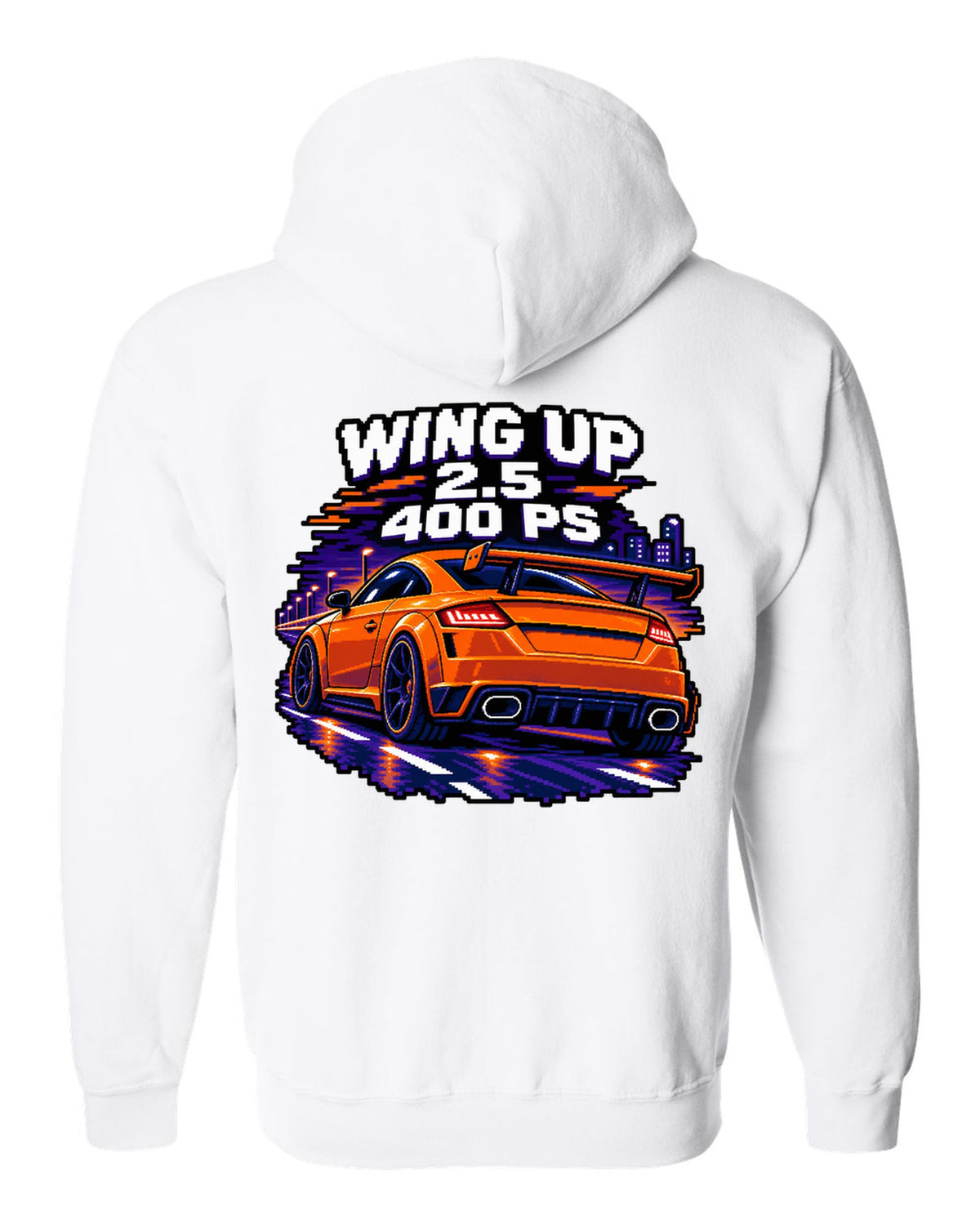 16-bit pixel art print of an Audi TT RS FV with rear wing up and 400 PS text white zip hoodie back view with the design
