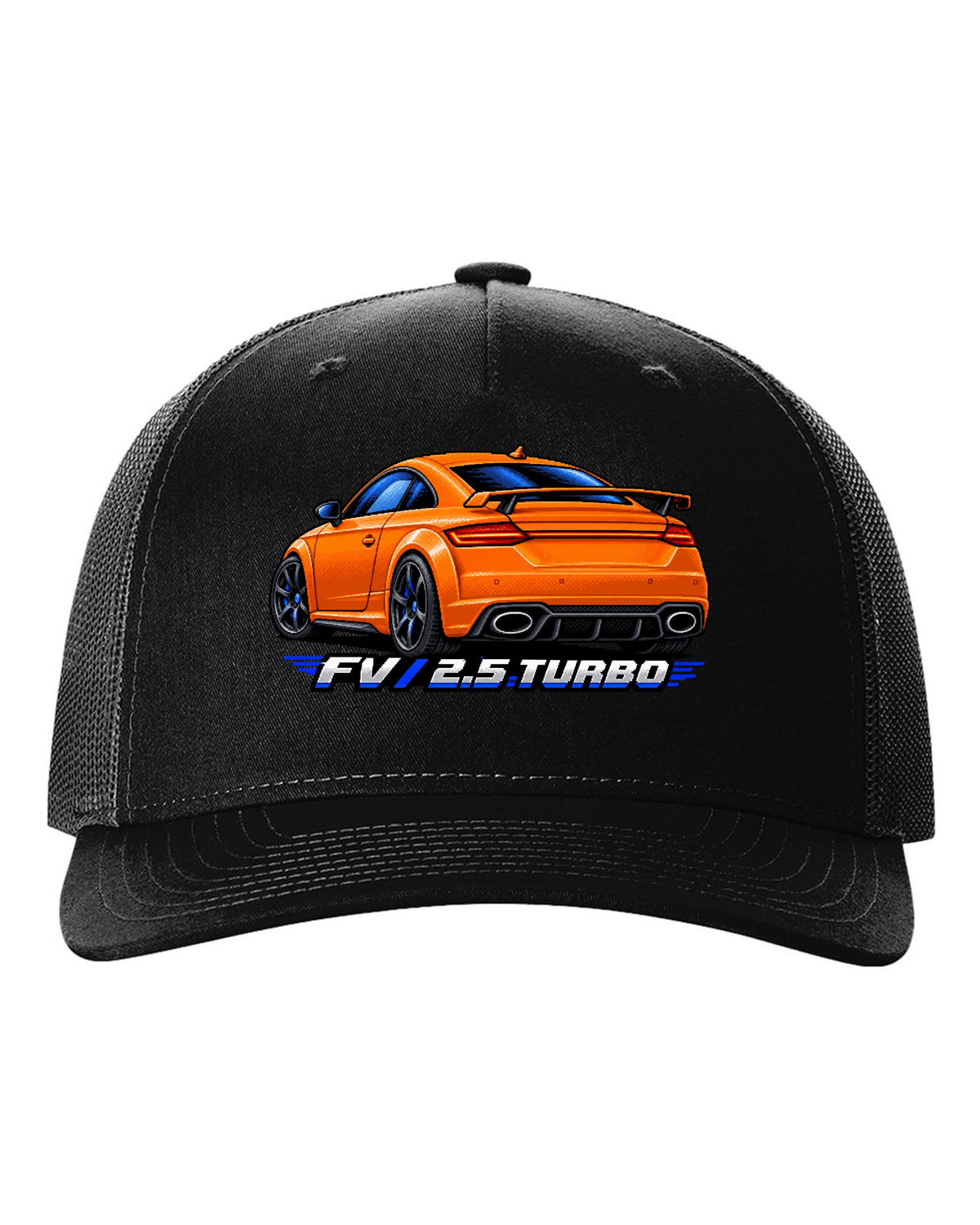 Pixel art print of an Audi TT RS FV with a rear wing and 2.5 turbo text black hat front view with the design
