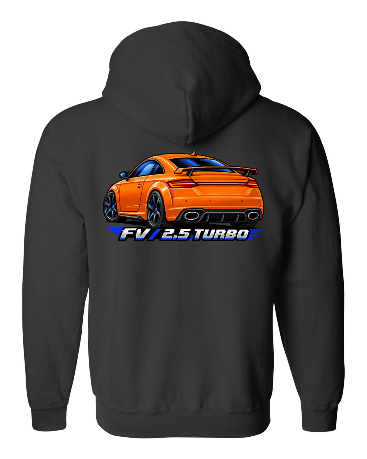 Pixel art print of an Audi TT RS FV with a rear wing and 2.5 turbo text black zip hoodie back view with the design
