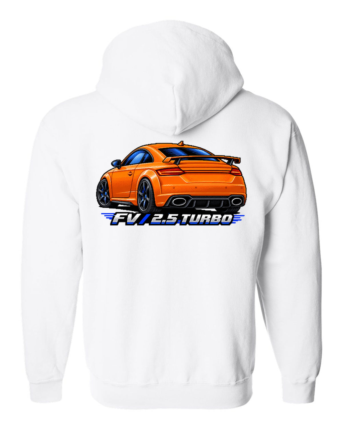 Pixel art print of an Audi TT RS FV with a rear wing and 2.5 turbo text white zip hoodie back view with the design
