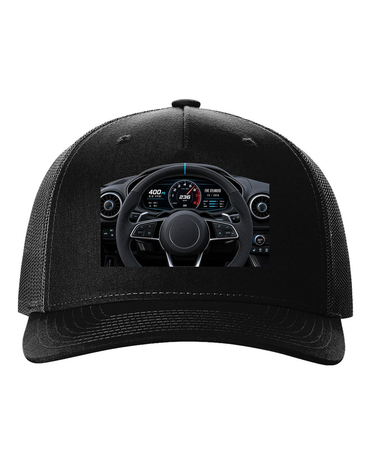 Audi TT RS FV virtual cockpit instrument cluster with 2.5 TFSI 400 PS text black hat front view with the design