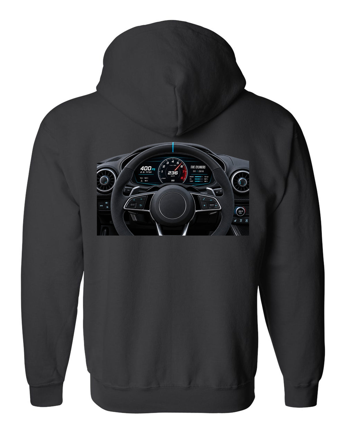Audi TT RS FV virtual cockpit instrument cluster with 2.5 TFSI 400 PS text black zip hoodie back view with the design