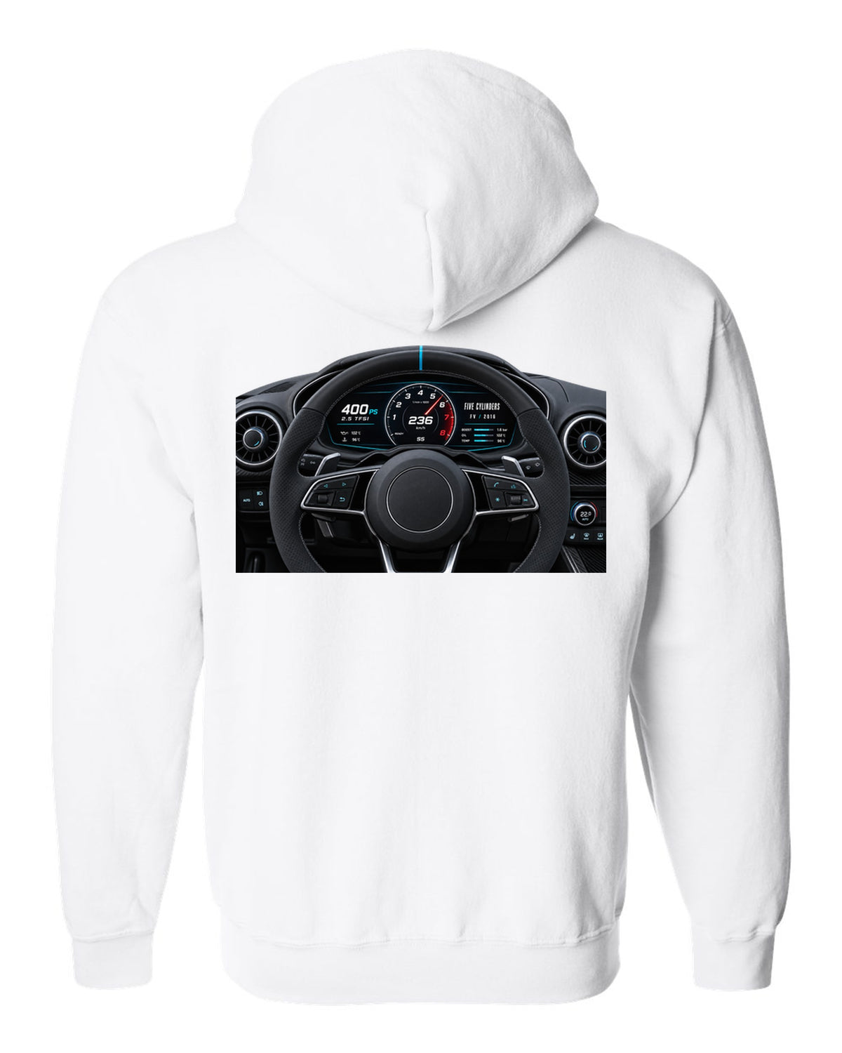 Audi TT RS FV virtual cockpit instrument cluster with 2.5 TFSI 400 PS text white zip hoodie back view with the design